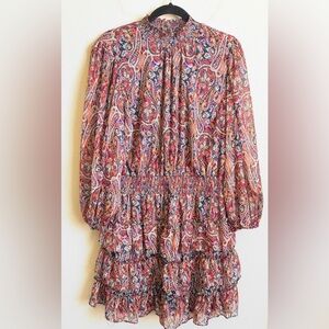 Boho Vintage Mock Neck Paisley Long Sleeve Tiered Ruffle Chiffon Mini Dress XL